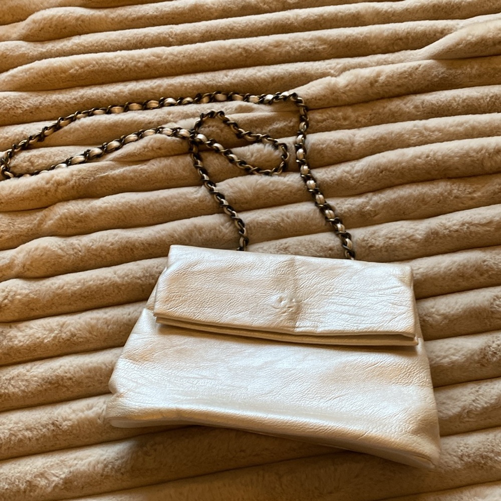 Anthropology, Crossbody, Fold Over Pearl Purse with metal chain